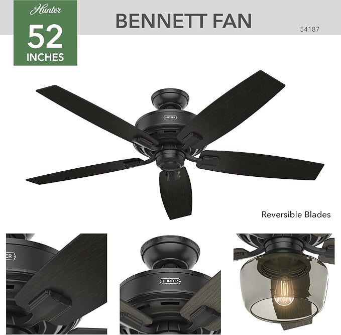 Hunter 52 inch Indoor Ceiling Fan with LED Light and Remote Control - Standard Mount Black Ceiling Fan, 5 Blades, For Bedroom, Living Room, or Kitchen, Quiet - Bennett 54187, Matte Black | with LED Light and Remote Control, Quiet, 5 Blades, For Bedroom...