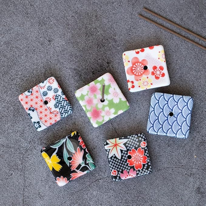 Set of 6, Small Japanese Ceramic Handmade Cute Cherry Blossom Incense Stick Holder or Incense Burner Holder, Unique Ash Catcher Inscent Tray and Decorative Gift, Home Decor 1.34 inch