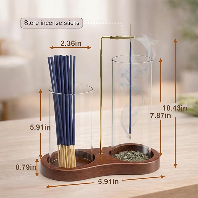 2-in-1 Incense Holder with Glass Ash Catcher & Stick Storage, Wooden Incense Burner for Relaxation, Stress Relief, Mess-Free Home Use, Self-Care, Meditation, Yoga, Bedroom & Living Room (Retro)