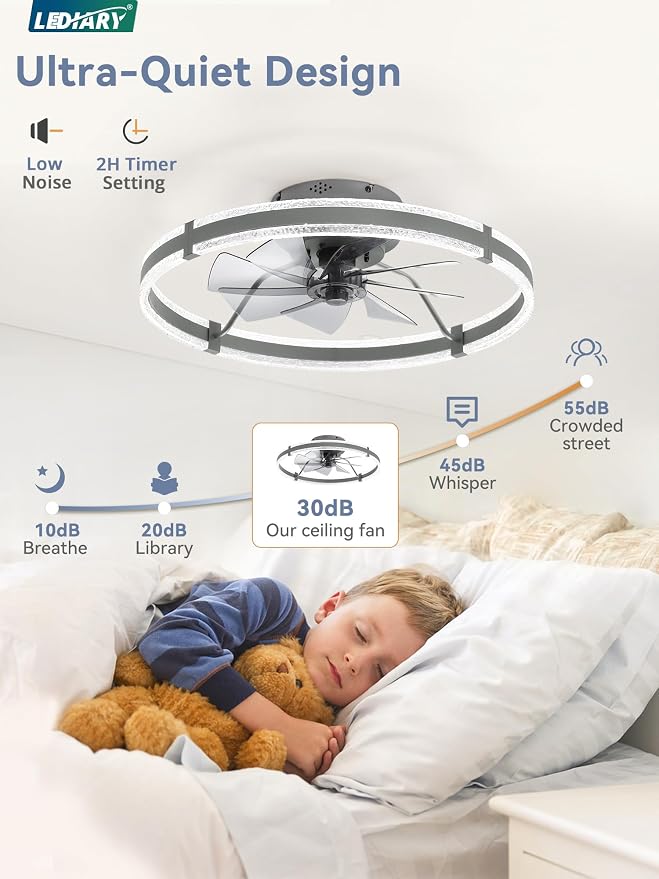 LEDIARY Ceiling Fans with Lights and Remote, 24'' Low Profile Ceiling Fan with Light, 3000-6000K Dimmable Fandelier Ceiling Fans, Modern Flush Mount Fan for Bedroom with 6 Wind Speeds- Sandy Gray