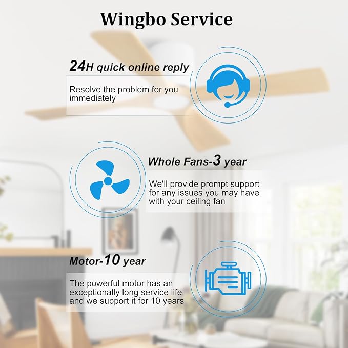 WINGBO 48 Inch Ceiling Fan Without Light, Solid Wood Flush Mount Ceiling Fan with Remote Control, Reversible DC Motor, 4 Blades, 6-Speed Quiet Performance, for Bedroom & Living Room, White+Light Wood