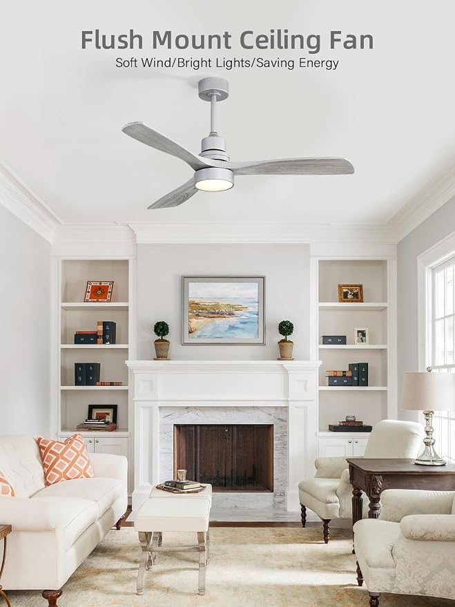Sofucor 52 Inch Smart Ceiling Fan with Lights, Silver Grey | Alexa/APP/Remote Control, Modern 3 Solid Wood Blade, for Bedroom/Living Room/Kitchen/Dining Room/Patio/Porch