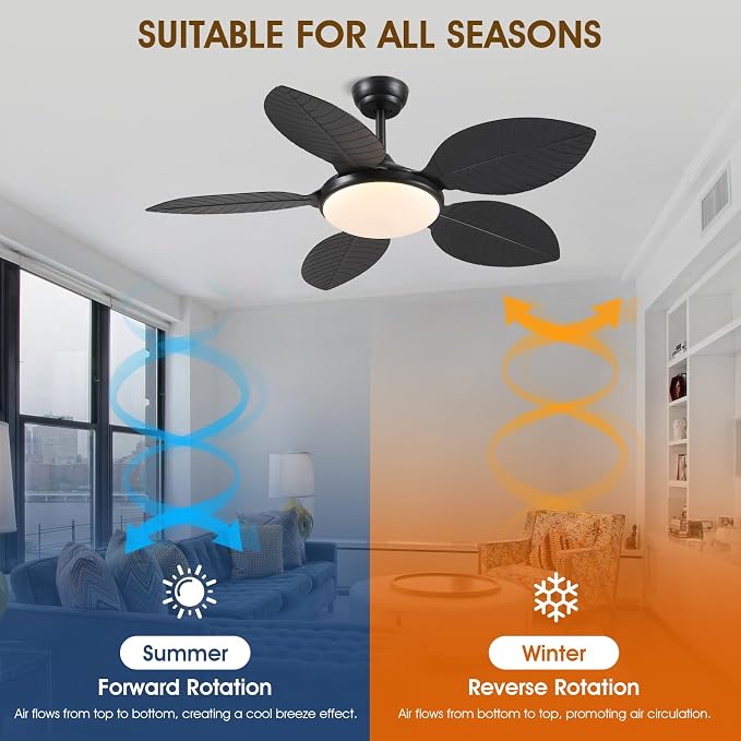 Wiviniya 48 Inch Tropical Ceiling Fans with Lights, Palm Leaf Outdoor Ceiling Fan with Light for Patios Porch Bedroom Living Room, Remote/APP Control, Reversible Quiet DC Motor, Dimmable LED, Black