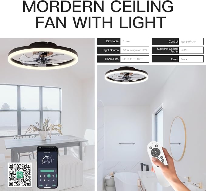 STERREN 20'' Modern Low Profile Ceiling Fan with Light, Bedroom LED Ceiling Fan with Remote Control, Bladeless Flush Mount Black Fan Lights Ceiling Fixtures for Living Room,Small Room