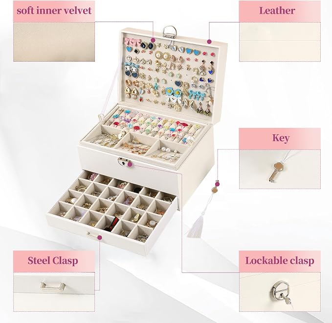 BOOVO Large Jewelry Boxes For Women (White, 5 layer) | 5 Layers Jewelry Organizer Box With Cosmetic Storage Drawer, Necklace Ring Jewelry Organizer Box