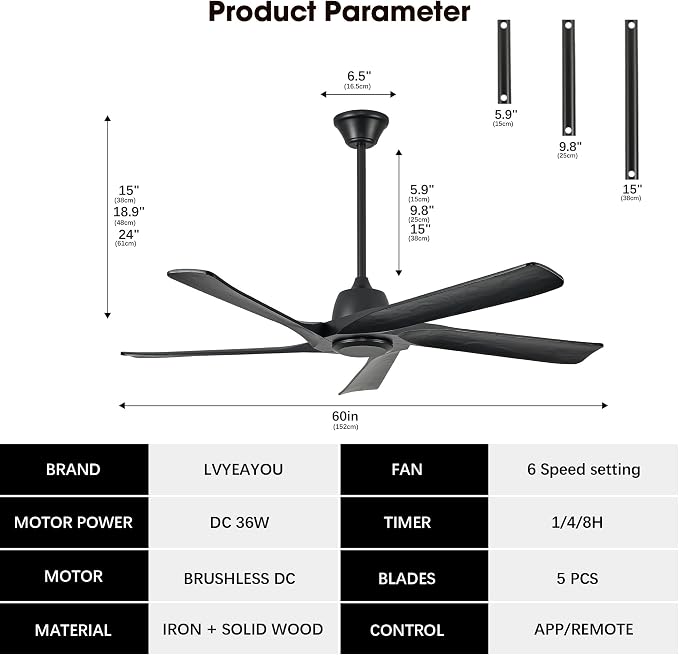60" Solid Wood Ceiling Fan No Lights, Remote and APP Control, DC Motor, 6-speed Reversible, Ceiling Fans without Light for Bedroom, Living Room, Office, Black