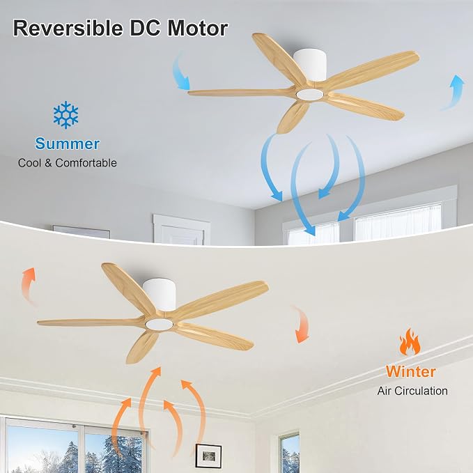WINGBO 54" Flush Mount Ceiling Fan No Light - 5 Carved Solid Wood Blades, 6-Speed Reversible DC Motor, Dimmable, 3CCT, Low Profile Ceiling Fans without Lights for Bedroom Living Room, White and Oak