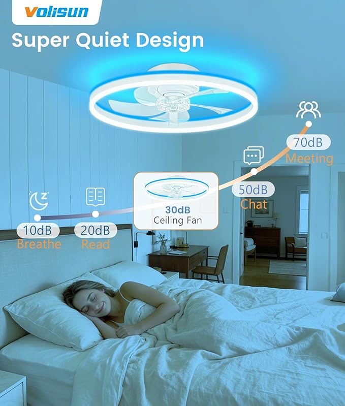 VOLISUN RGB Ceiling Fans with Lights and Remote, 20in Low Profile Ceiling Fans with Lights Flush Mount, 3000K-6500K Dimmable Fandelier LED Fan Light, White Bladeless Ceiling Fans for Bedroom
