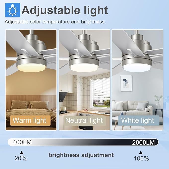 52 Inch Brushed Nickel Ceiling Fan with Light and Remote Control,Dimmable 3 Color Temperatures LED Ceiling Fan,6 Speeds Reversible DC Motor,5 Blades Modern Ceiling Fans for Indoor or Covered Outdoor