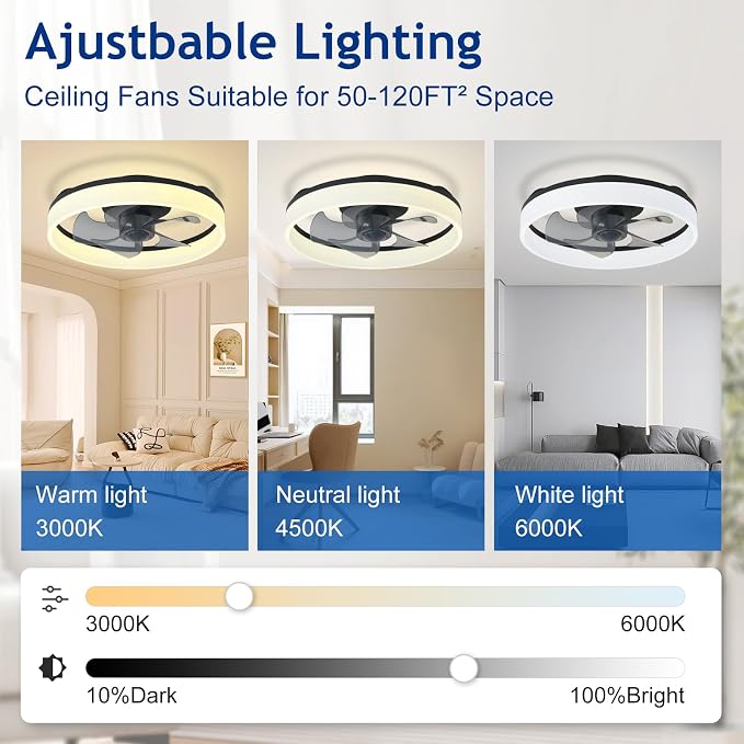 DLLT LED Ceiling Fan with Light: 16" Modern Low Profile Flush Mount Fandelier with App & Remote Control - Dimmable Black Bladeless Fan Light Fixture for Bedroom Kids Room Living Room