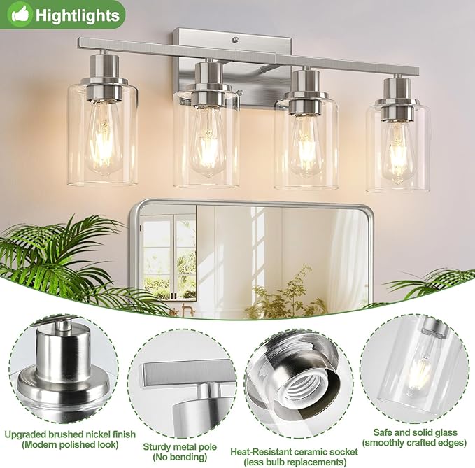 Indoi 4-Light Bathroom Light Fixtures, Brushed Nickel Modern Vanity Lights with Clear Glass Shades, Bathroom Wall Lamp for Mirror Living Room Cabinet Bedroom Porch