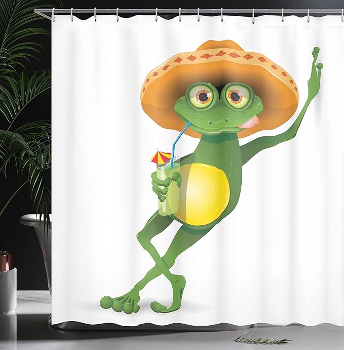 Ambesonne Cartoon Shower Curtain, Whimsical Funny Frog in a Sombrero and Cocktail Drink Glass Fauna Hot Weather Holiday Mexican Art, Cloth Fabric Bathroom Set with Hooks, 69" W x 70" L, Green Fern