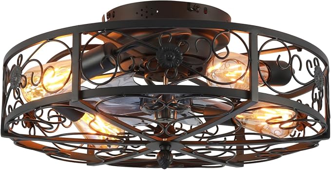 20'' Caged Ceiling Fan with Lights and Remote Control,Small Farmhouse Bladeless Low Profile Ceiling Fans Lights,Industrial Flush Mount Low Profile,Reversible Motor 6 Speeds for Bedroom,Living Room