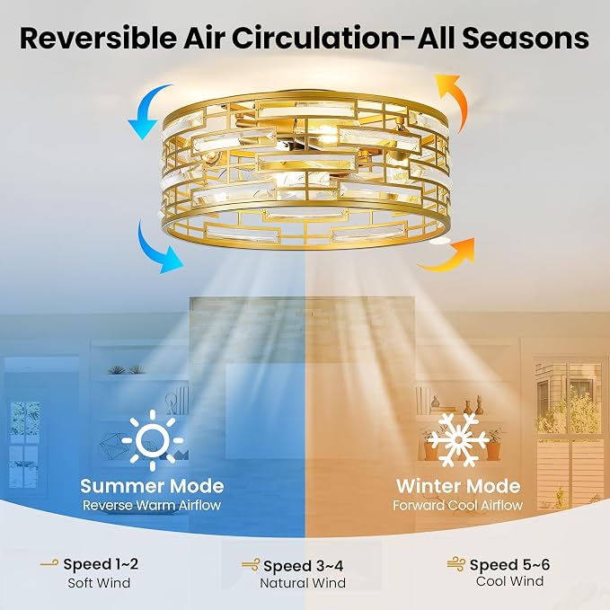 Flush Mount Ceiling Fans Lights: 18.9'' Caged Low Profile Fandelier with Remote/6 Speeds/Timer Gold Crystal Modern Chandelier Fan Light Bedroom Ventilador de Techo for Kitchen Living Dining Room Foyer