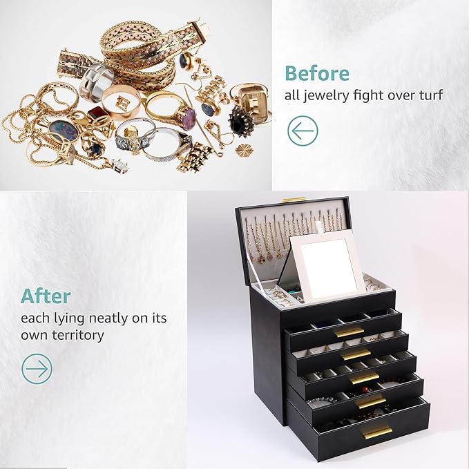 BOOVO Jewelry Boxes for Women, White and Black 6 Layer Large Jewelry Box for Necklace, Bracelet, Earrings, Rings Storage, Jewelry holder Organizer for Girls Gift (Black and Gold, 6 layer)