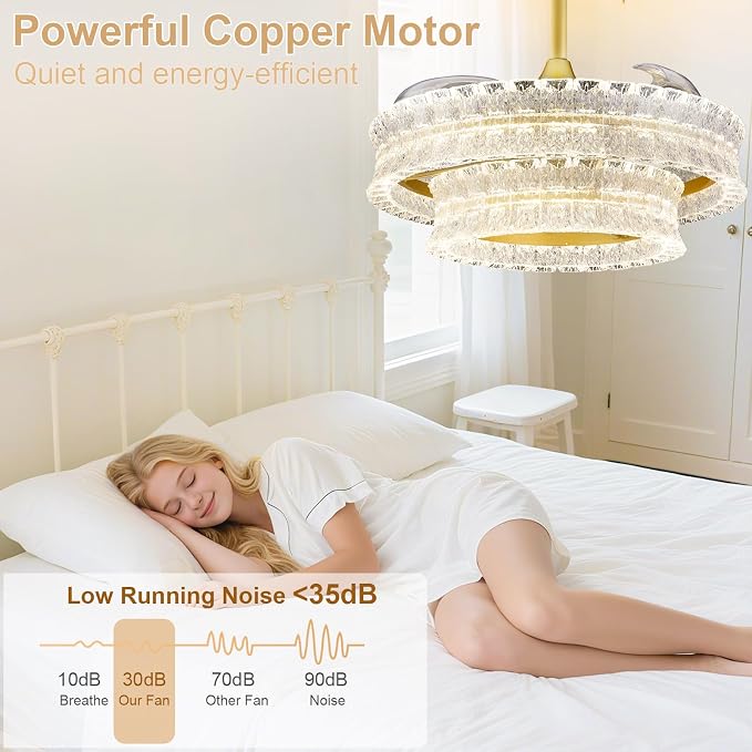 Depuley Crystal Ceiling Fans with Lights: 24" Gold Cagd Fan with Remote Control - Fandelier Fan Light for Girl's Bedroom Living Room Nursery