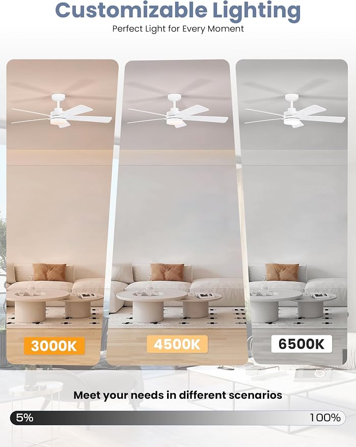 48 Inch Ceiling Fan with Lights and Remote, Downrod Mount, Sloped Ceiling Compatible up to 15°, Quiet Reversible DC Motor, 3CCT Dimmable LED, White Ceiling Fan for Bedroom Living Room