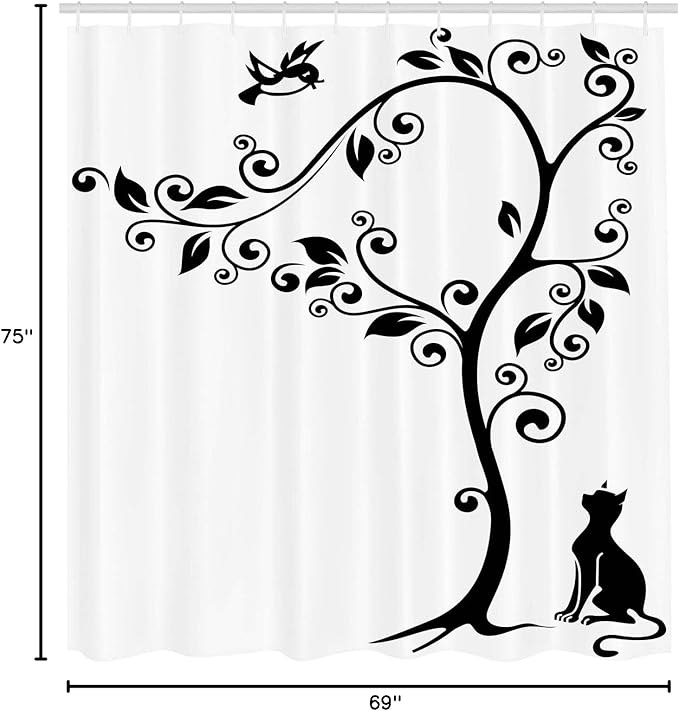 Ambesonne Cat Shower Curtain, Silhouette of Kitty Under Tree and Birds on Swirled Branches Illustration, Cloth Fabric Bathroom Decor Set with Hooks, 69" W x 75" L, White and Black
