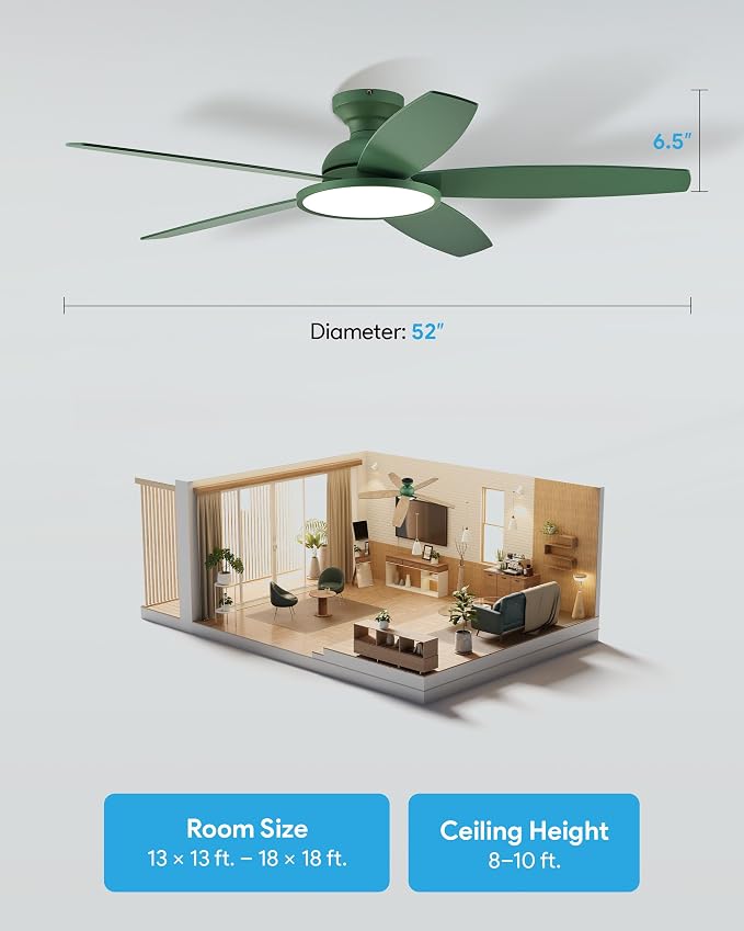 VONLUCE Ceiling Fans with Lights, 52 Inch Ceiling Fan and Remote, Full-spectrum LED Light, 3CCT, 6-Speeds Noiseless Reversible DC Motor, Modern Ceiling Fan for Farmhouse Bedroom Indoor, Green