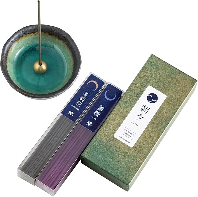 Asayu Japan Low Smoke Incense Gift Set with Incense Holder and Brass Stand, Floral Set (Jasmine & Rose) Incense Sticks with Mini Nature Aquamarine Incense Holder