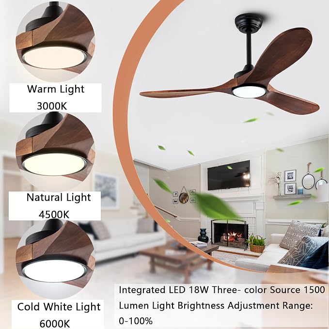 52-inch silent ceiling fan light with remote control, 3CCT, walnut finish. | 3CCT, mobile app, full memory function, for use in living rooms, dining rooms, bedrooms, offices, balconies, and outdoors.