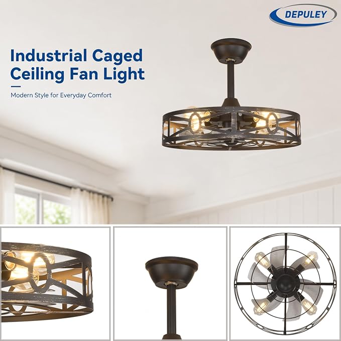 Depuley Caged Ceiling Fans with Light: 20-Inch Bronze Metal Enclosed Farmhouse Fandelier for Kitchen Bedroom - Industrial Semi Flush Mount Ceiling Fan with Remote 6 Speeds Reversible Motor Timer