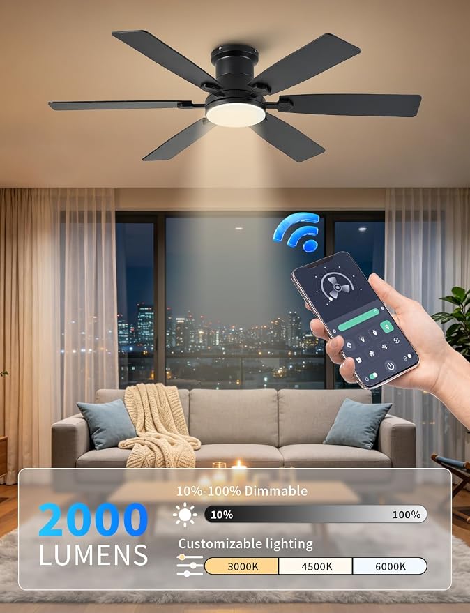 52 inch Low Profile Ceiling Fan with Light and Remote/APP Control, LED Dimmable, 3CCT, DC Reversible Motor, Modern, 6 Speeds, Black Flush Mount Ceiling Fans for Bedroom Living Room/Outdoor Use