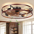 VOLISUN 27.6'' Caged Ceiling Fan with Light and Remote,Rustic Low Profile Ceiling Fan with Light Flush Mount, Farmhouse Bladeless Fandelier Ceiling Fans with Lights for Kitchen,Bedroom-Wood