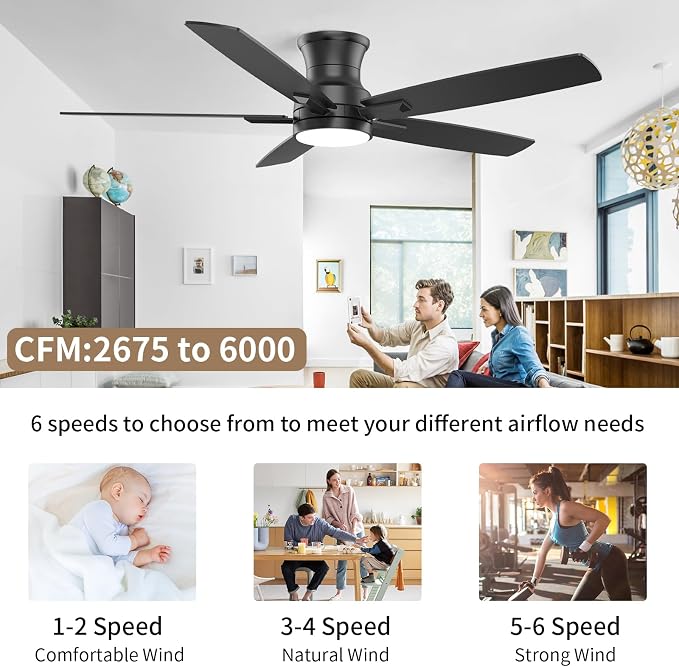 YUHAO 52 Inch Flush Mount Black Ceiling Fan with Light and Remote Control.Noiseless,Dimmable,3CCT,6 Speeds Reversible, Low Profile DC Ceiling Fans for Indoor or Covered Outdoor Use,ETL Listed