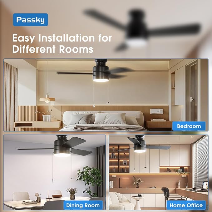 Passky Ceiling Fans with Lights, 42 inch Low Profile Ceiling Fan with Pull Chain and Remote Control, Flush Mount, Reversible, 5CCT, Dimmable, Noiseless, Black Pull Cord Ceiling Fan for Bedroom