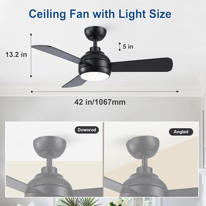 42 Inch Ceiling Fans with Lights, Black Ceiling Fan with Light and Remote Control, Reversible, 6 Speeds, 3CCT, Dimmable, Modern LED Ceiling Fan for Bedroom, Indoor/Outdoor