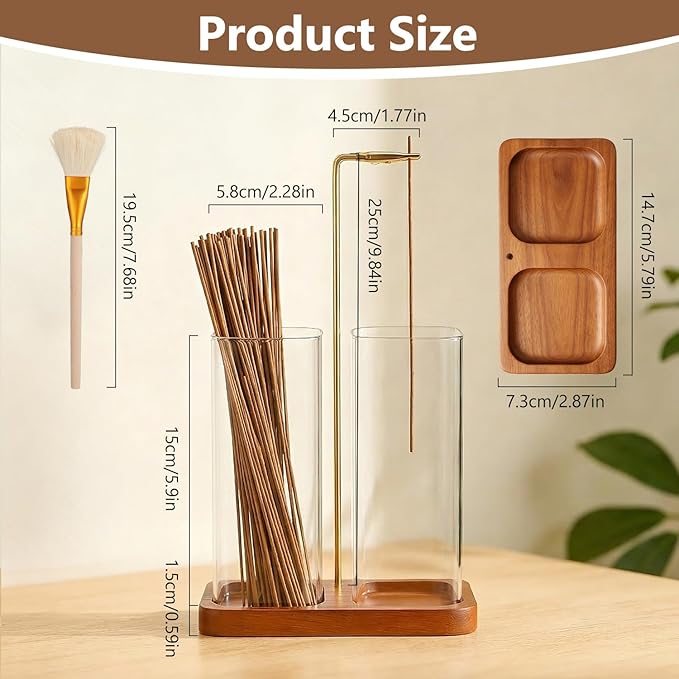 2-in-1 Incense Holder for Sticks with Dual Tall Glass Jars, Incense Burner with Glass Ash Catcher & Storage for Meditation Yoga Spa Room Home Decor