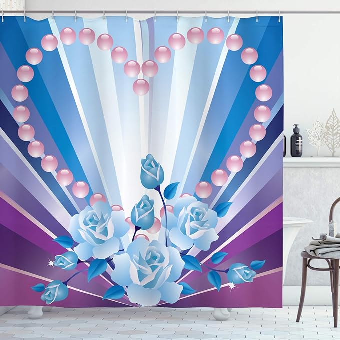 Ambesonne Pearls Shower Curtain, Valentine's Day Theme Art Roses Heart on Striped Bridal Backdrop, Cloth Fabric Bathroom Decor Set with Hooks, 69" W x 75" L, Blue Purple Pink
