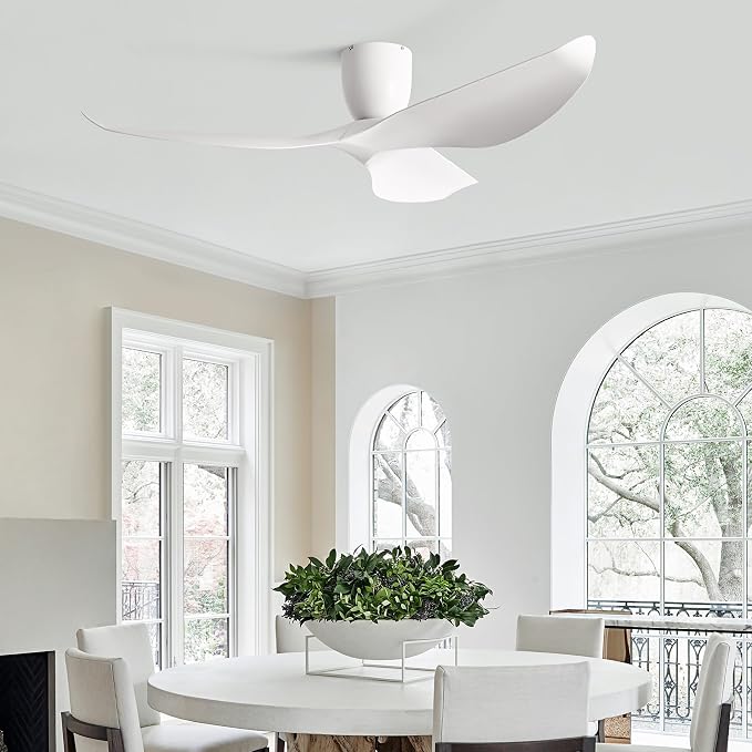 60" White Flush Mount Ceiling Fan with Remote, No Light | Modern Low-Profile, Heat Resistant ABS Blades, 6-Speed Reversible Quiet DC Motor for Balcony, Living Room, Bedroom