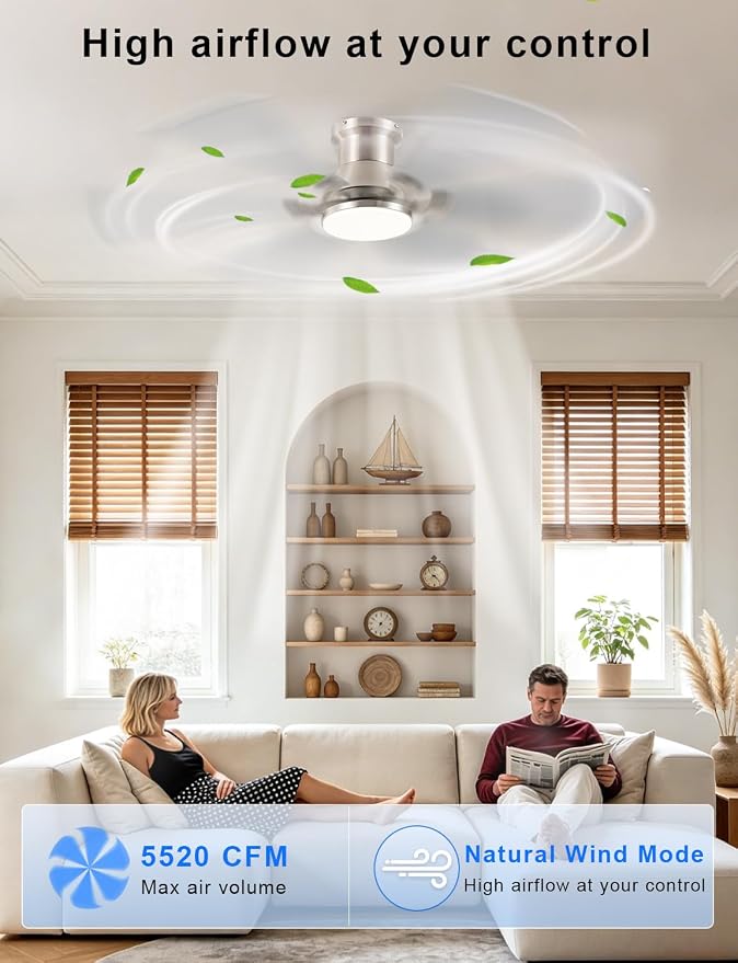 52inch Low Profile Ceiling Fan with Light and Remote/APP Control, LED Dimmable DC ReversibleModern, Flush Mount,6 Blade,Nickel Ceiling Fan for Bedroom Living Room/Outdoor Use