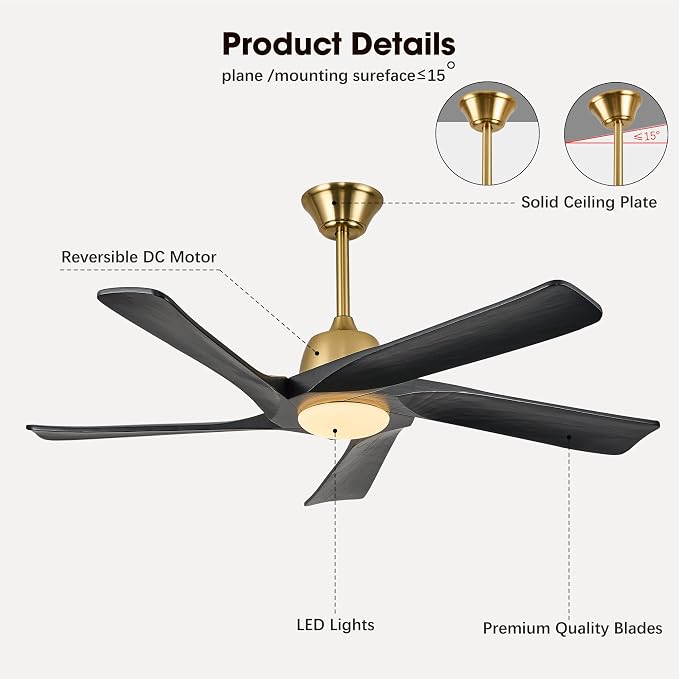 52 Inch DC Ceiling Fan with Light, 5 Solid Wood Blades, Remote and APP Control, 3-color Dimmable, 6-speed Reversible, Noiseless Ceiling Fan for Bedroom, Living Room, Black Gold