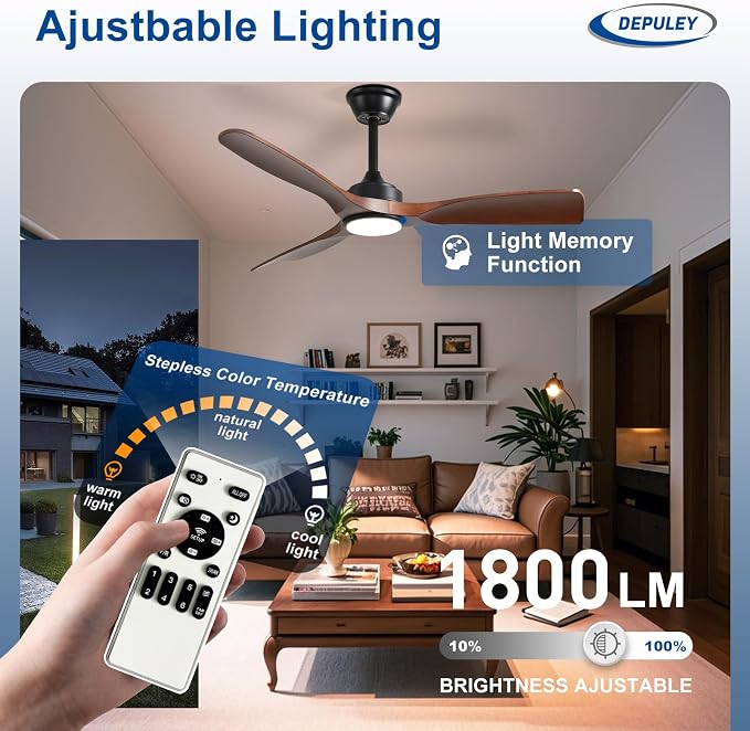 Depuley 42-Inch Ceiling Fan with Light: Walnut 3 Blade Indoor Outdoor Fans for Patios - Dimmable Ceiling Fan with Remote Control Fandelier Reversible 6 Speed Timer Ultra Quiet DC Motor