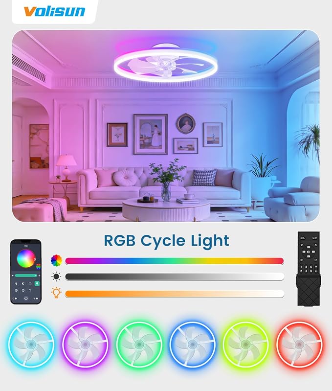 VOLISUN RGB Ceiling Fans with Lights and Remote, 23.6in Low Profile Ceiling Fans with Lights Flush Mount, 3000K-6500K Dimmable Fandelier LED Fan Light, White Bladeless Ceiling Fans for Bedroom