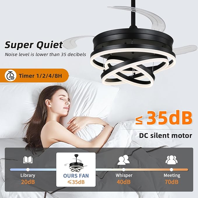 Retractable Ceiling Fan, 42 Inch Chandelier Ceiling Fans with Light, Modern Fandelier Ceiling Fan for Bedroom Living Room Dinning Room, Reverse Motor, 3 Color Temperature, 6 Wind Speed, Black