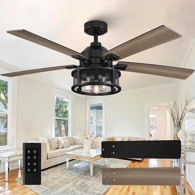 52 Inch Farmhouse Ceiling Fans with Lights and Remote, Outdoor Ceiling Fan with 5 Dual Finish Blades, Black Ceiling Fan with Reversible Quiet Motor for Bedroom, Living Room, Kitchen, Black