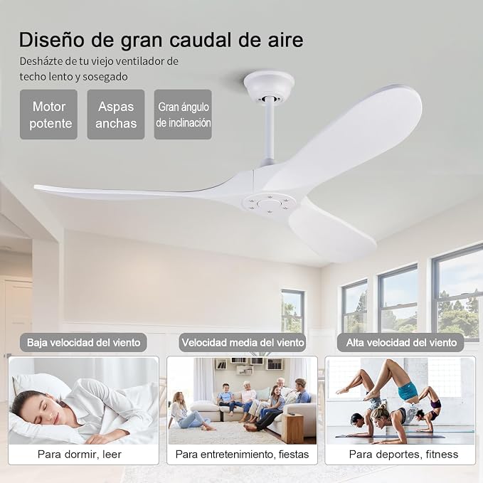 Ceiling Fans without Lights, 52 Inch Ceiling Fans no Lights with Remote Control, 3 Solid Wood Blades， Indoor Outdoor Ceiling Fan for Living Room Patios Bedroom Kitchen (White Blades)