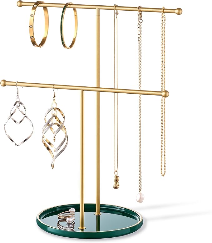 Jewelry Stand with Ceramic Tray, Necklace Holder, Gold Bar Green Base | Ceramic Base, Gift for Women & Girls, Hanging Necklace Organizer Tree, Earrings, Bracelets, Rings, small