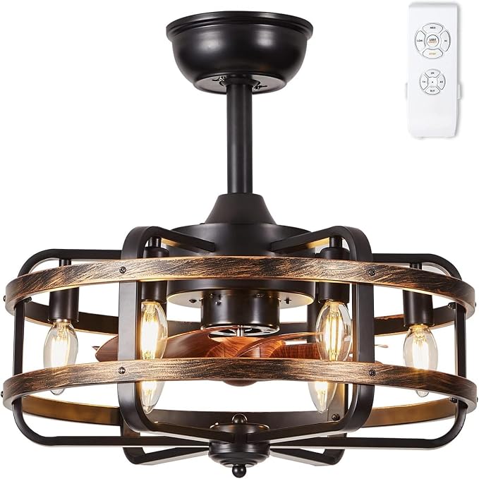 Caged Ceiling Fans with Lights Black Farmhouse 18‘’ Flush Mount Bladeless Rustic Chandeliers Fan Lights with Remote Vintage Reversible Ceiling Fan for Living Room Bedroom Kitchen 6 Light Bulb Base E12