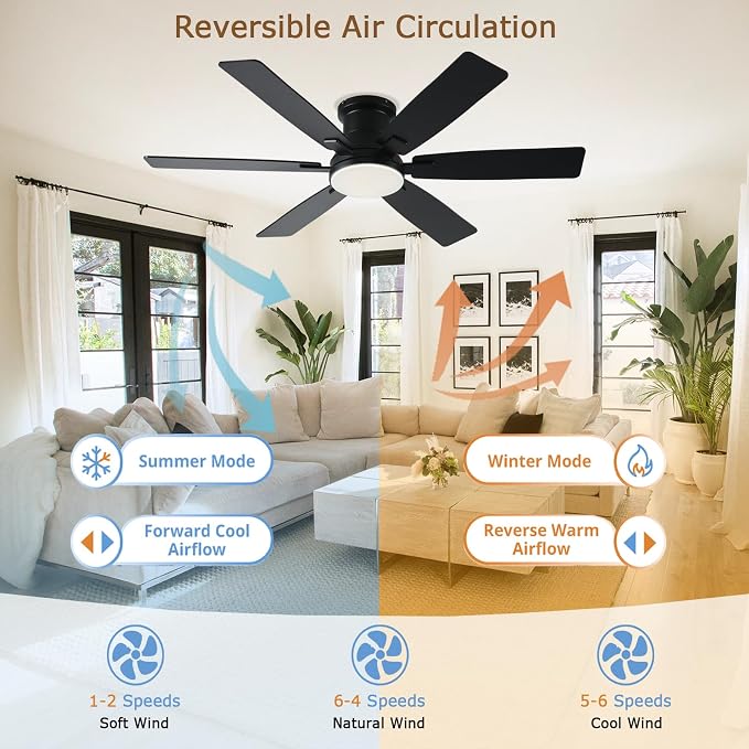 52 inch Black Ceiling Fans with Lights and Remote - Flush Mount Low Profile Ceiling Fan with Light, Reversible, 3CCT, Dimmable, Modern Indoor Ceiling Fan for Bedroom Living Room, Covered Patios