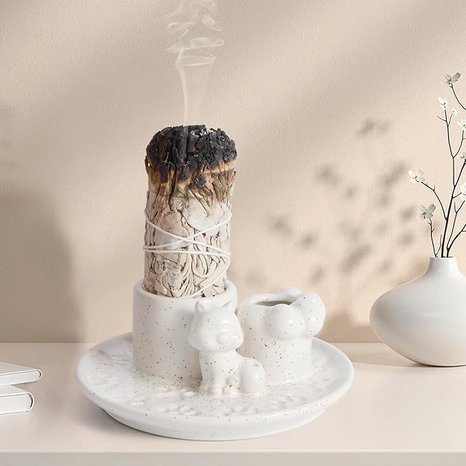 Palo Santo Holder, 4 in 1 Incense Holder for Incense Sticks, Burning Sage, Palo Santo (Ceramic,White)