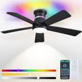 Surtime 46" Black Ceiling Fans with RGB Lights - Flush Mount Ceiling Fan Light with LED 3CCT Dimmable, Modern Low Profile Ceiling Fans for Indoor Party,Covered Outdoor