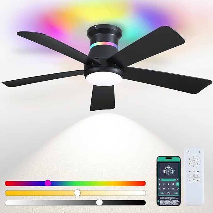 Surtime 46" Black Ceiling Fans with RGB Lights - Flush Mount Ceiling Fan Light with LED 3CCT Dimmable, Modern Low Profile Ceiling Fans for Indoor Party,Covered Outdoor