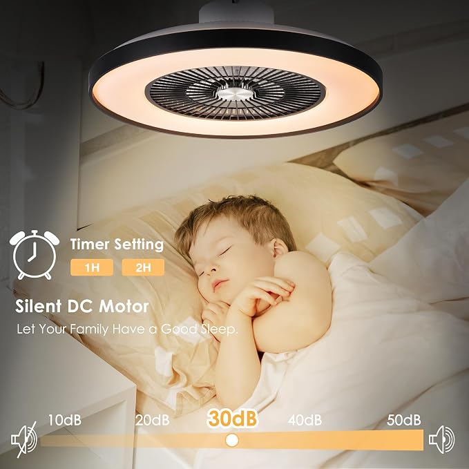 24" Bladeless Ceiling Fans with Lights and Remote/APP Control, Low Profile Ceiling Fan with 3-Dimmable Lights, Enclosed Flush Mount Ceiling Fan for Kid's Bedroom/Living Room