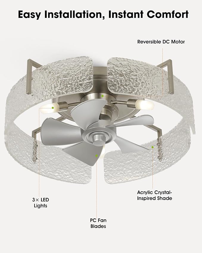 20" Low Profile Caged Ceiling Fan with Light, Modern Flush Mount Ceiling Fans with Remote, Silver Fandelier Ceiling Fan with Reversible DC Motor, Small Ceiling Fans for Bedroom Living Room