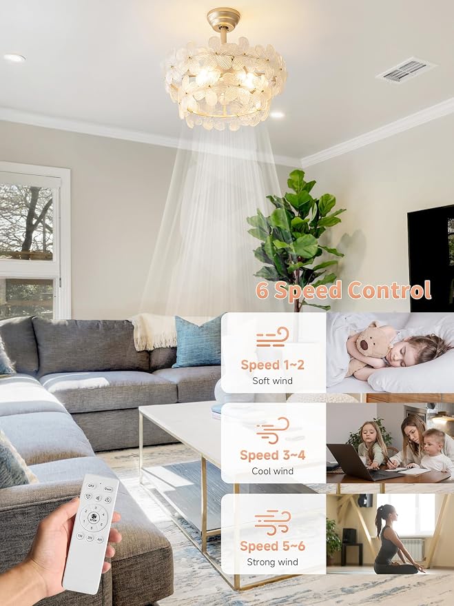 Gold Crystal Fandelier Ceiling Fans with Lights, 20" Gold Flower Chandelier Ceiling Fan with Light Remote Control, Caged Mid-Century with 6 Speeds for Bedroom, Nursery, Living Room